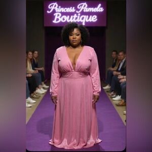 #258 Pink Sexy Plunge V Neckline long sleeves Velvet Long Dress-2X -Size 18W